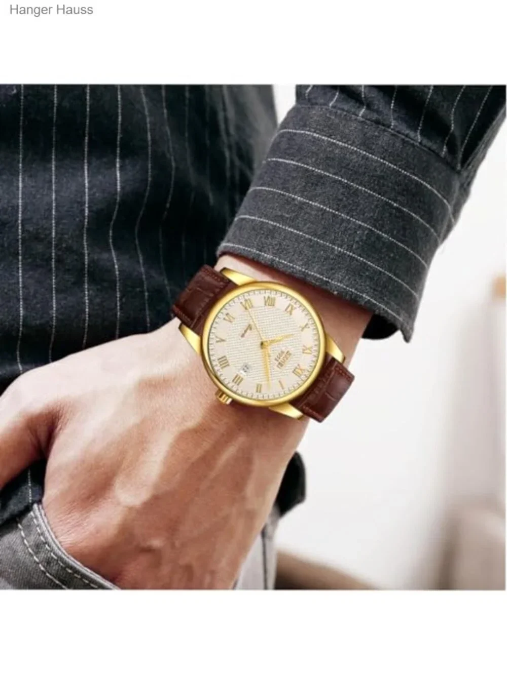 Men's Business Casual Quartz Watch with Leather Strap Roman Numeral White Dial